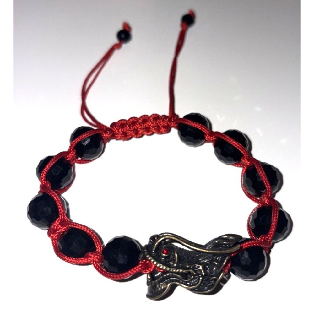 NEW Handmade Black & Red Macrame Bracelet W/Rare Dragon Head Charm/Adjustable